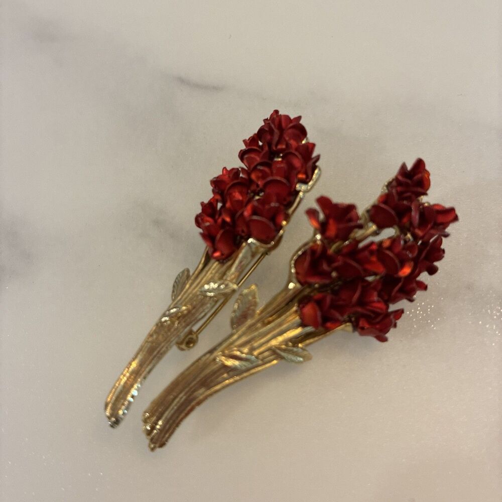 Pair of Vintage Red Rose Bouquet Gold Tone Brooches